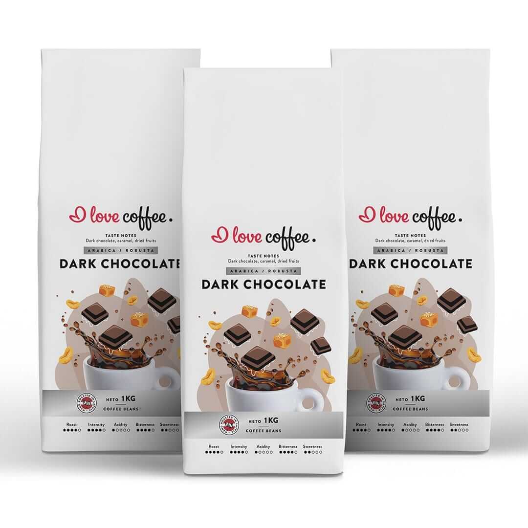 Es mīlu kafiju Kafijas pupiņas 3 kg Dark Chocolate kafijas pupiņas, 1 kg