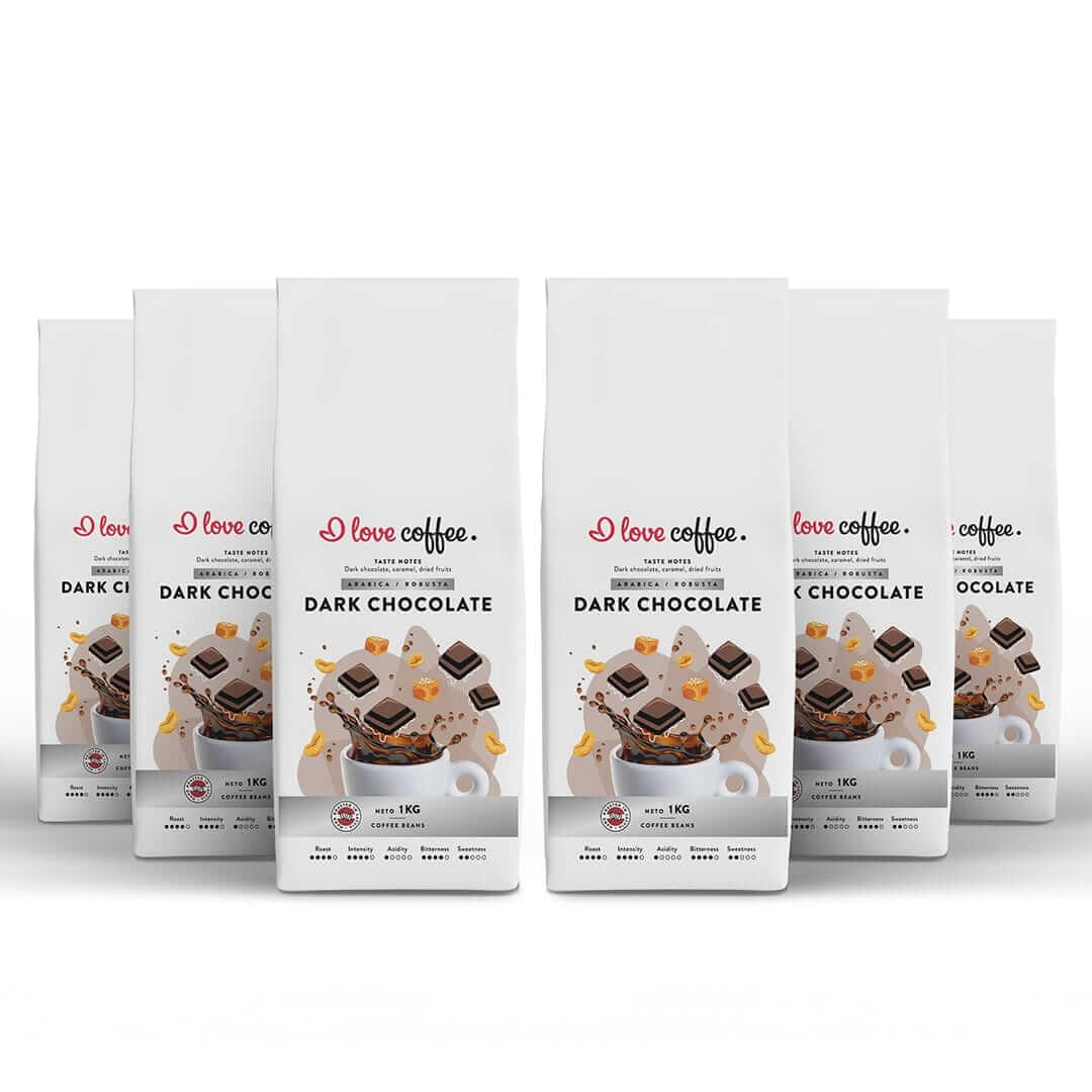 Es mīlu kafiju Kafijas pupiņas 6 kg Dark Chocolate kafijas pupiņas, 1 kg