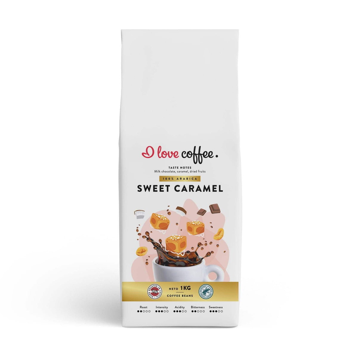 Es mīlu kafiju Kafijas pupiņas Sweet Caramel kafijas pupiņas, 1 KG