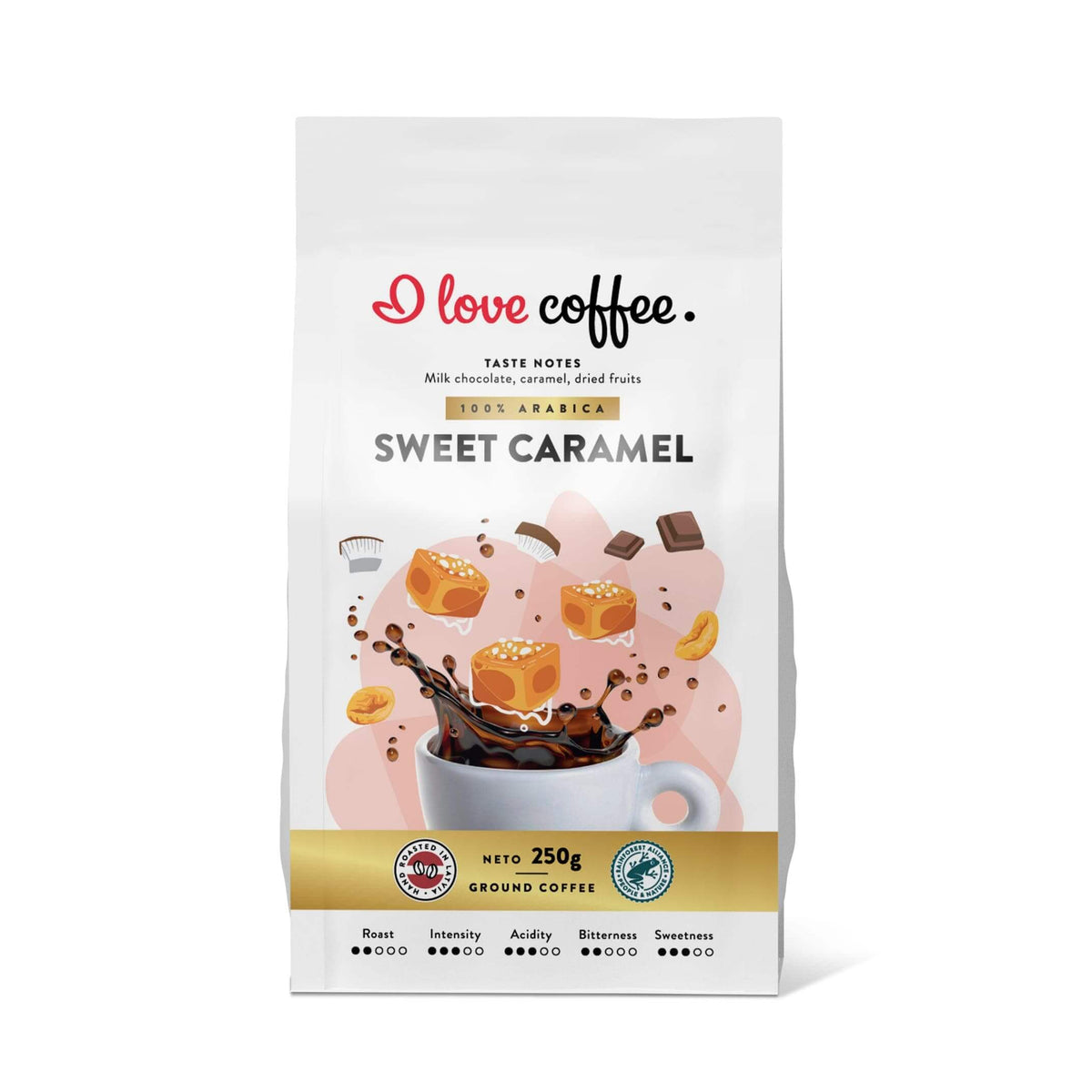Es mīlu kafiju Kafijas pupiņas Malta kafija Sweet Caramel kafija, 250g