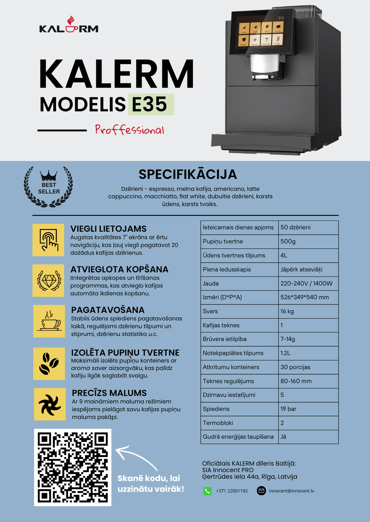 Kalerm Pupiņu automāti Kalerm Office Pro kafijas automāts, E35 melns